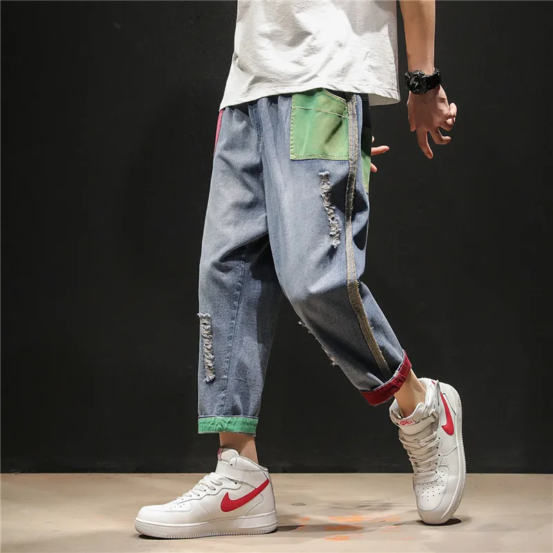 Mens fashion contrast color nine points thin plus size jeans spring and summer loose harem pants Korean version baggy jeans