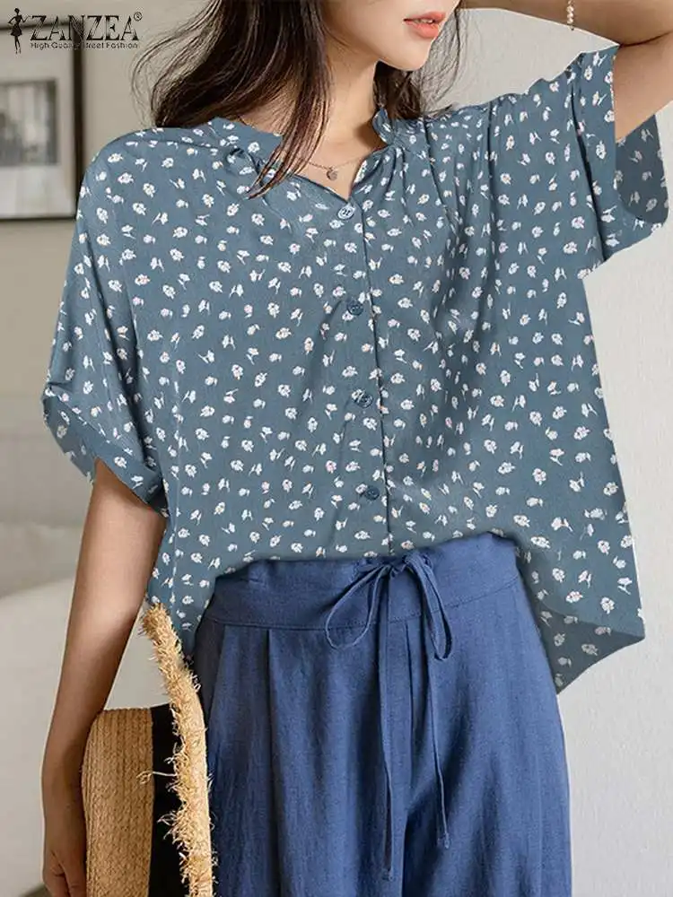 

Elegant Button Up Round Neck Chemise ZANZEA Casual Loose Floral Print Shirts Women Summer Short Sleeve Tops Oversize Blouses