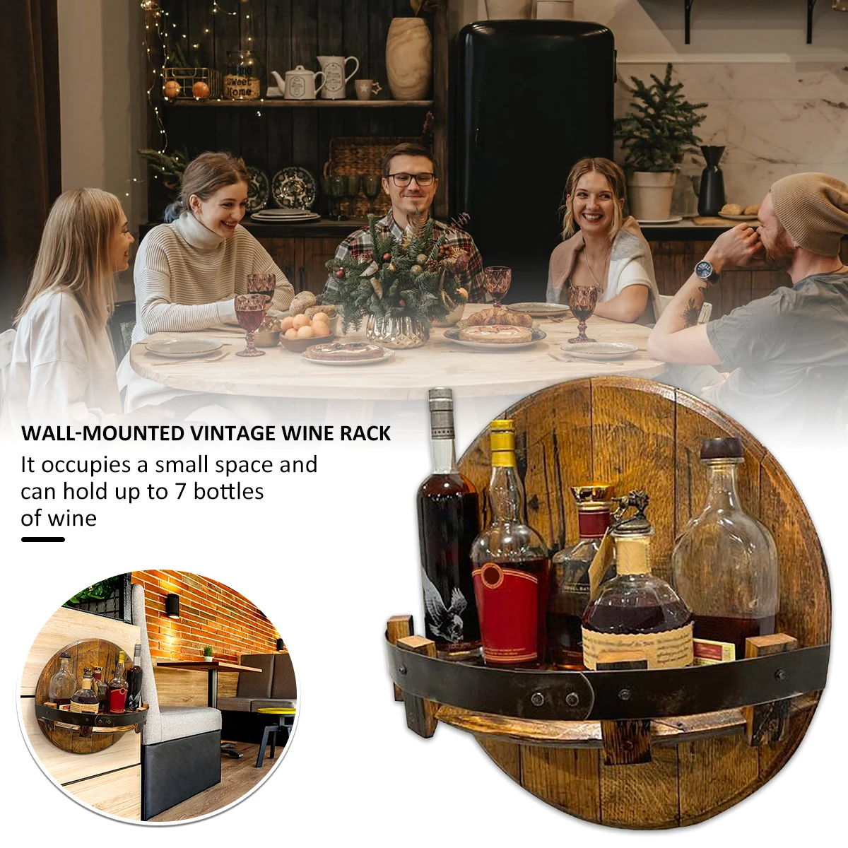 

Bar Vintage Wooden Wine Bottle Holder Round Shelf Wall Display Decor Rack Wall Mount Whiskey Wine Bottle Shelves Floating Shelve