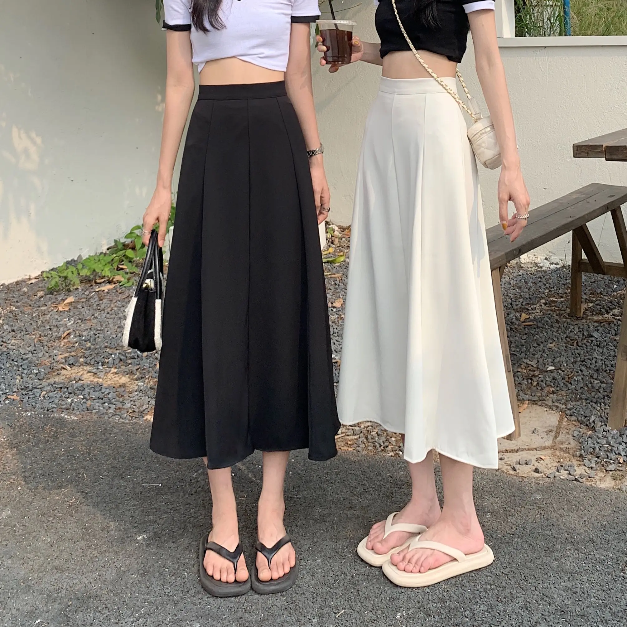 

COIGARSAM Women Skirt Summer High Waist Black Apricot Skirts Dropshipping