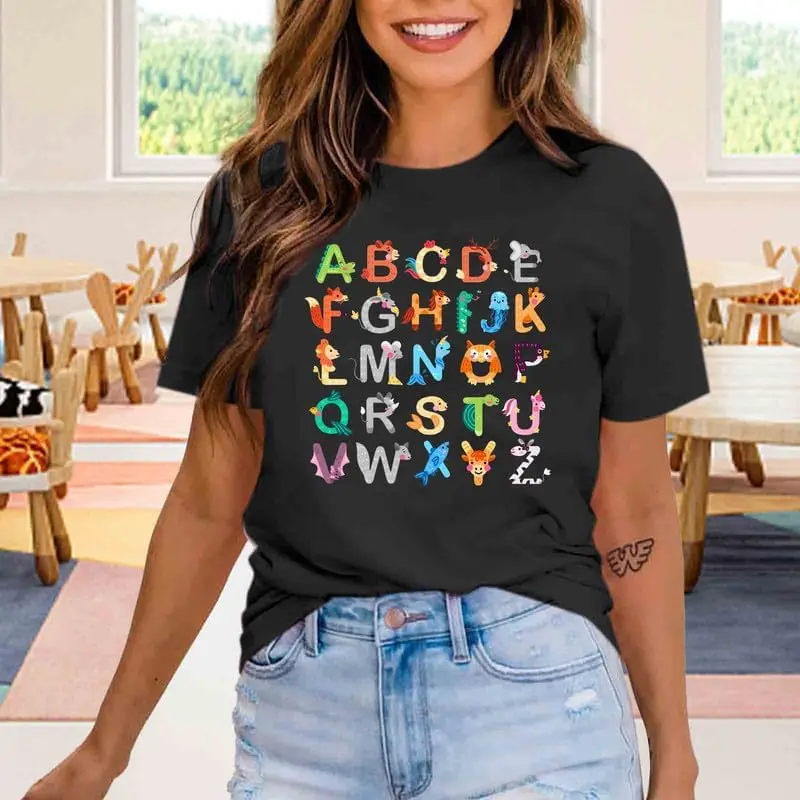 Women Teacher Shirts Teaching Tshirts Funny ABC Animals Alphabet Graphic Tee Cute Kindergarten Teachers Gift T Shirt