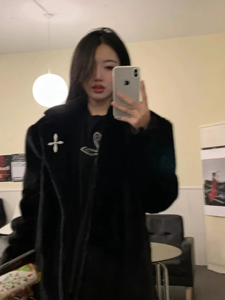 Black Faux Fur Coat Loose Suit Collar Mink Fur Coat Femme Vintage Fluffy Jacket Overcoat Winter Clothes Women 2022 Fashion Coats