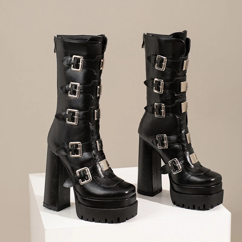 New Metal Buckles Styles Women Knee High Boots High Platform Thick Bottom Shoes Punk Cool Design Woman Booties