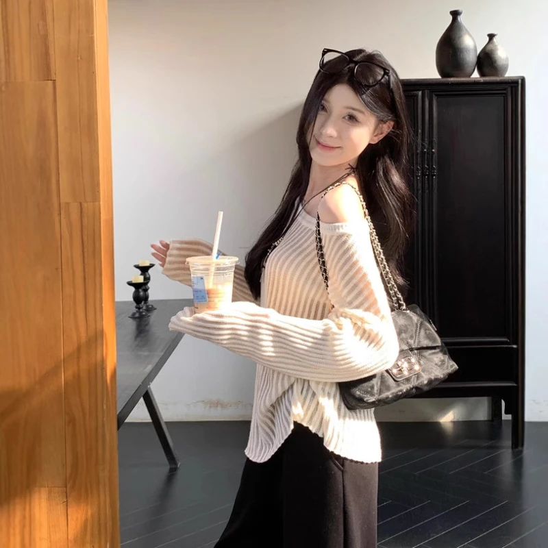 Новый однотонный слегка прозрачный женский топ тонкий вязаный свитер с длинными