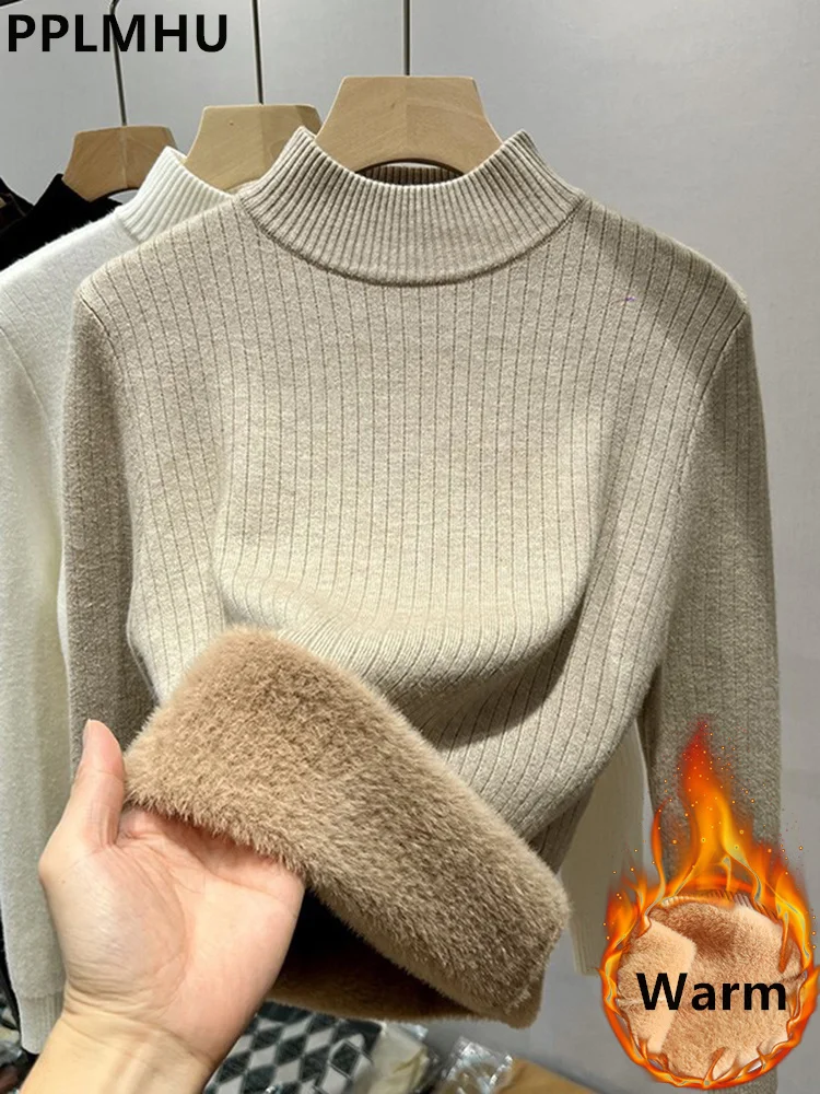 

Зимний теплый свитер, пуловер, Женский облегающий плотный плюшевый вязаный джемпер с бархатной подкладкой, корейские мягкие вязаные топы с высоким воротником