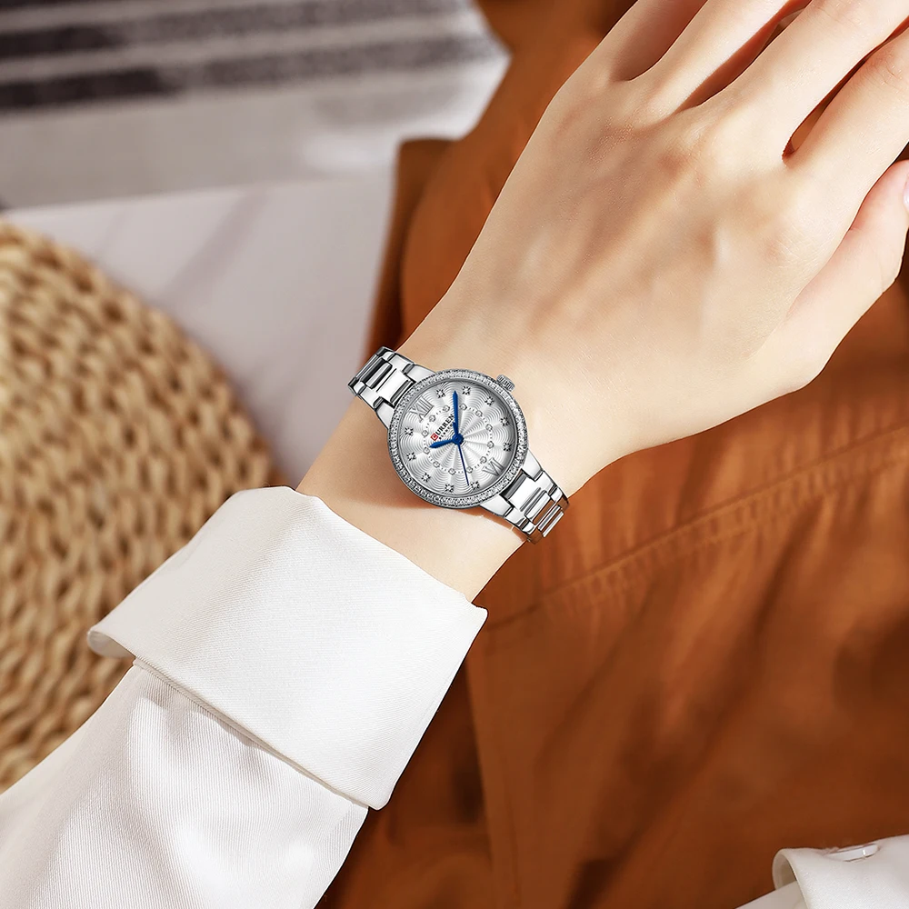 CURREN Luxury Watches For Women Stainless Steel Band Clock Female Rhinestone Dial Slim Wristwatches Ladies With 5 Piece Gift Set