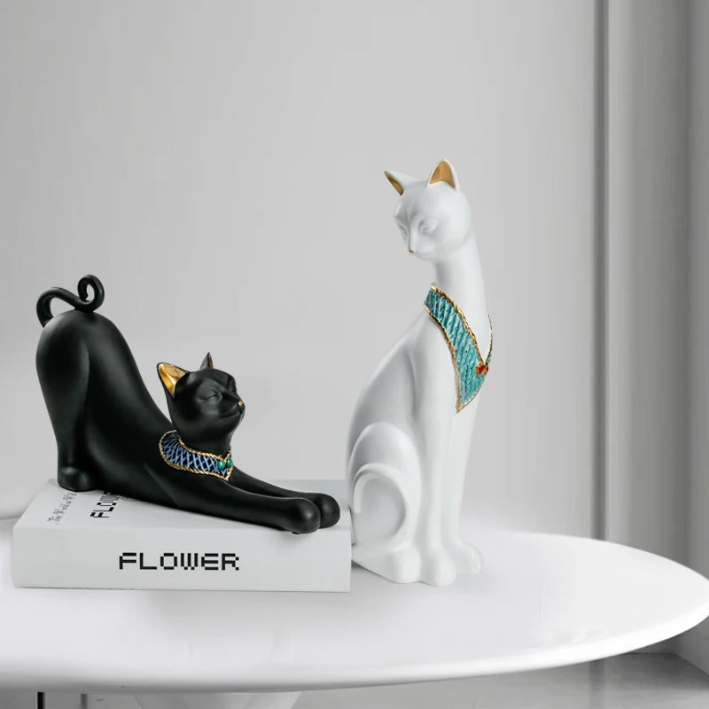 

Modern Classical Resin Cat Sculpture Black White Crafts Animal Figurines Living Room Bookcase Cat Ornaments Home Decoration Gift