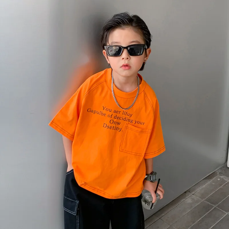 

Футболка для мальчиков 5-14 лет, модная повседневная хлопковая рубашка с коротким рукавом и круглым вырезом, с буквенным принтом, Детская фут...