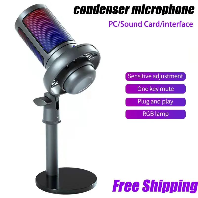 Конденсаторный Usb-микрофон цветное освещение rgb караоке запись игр яркое вещание
