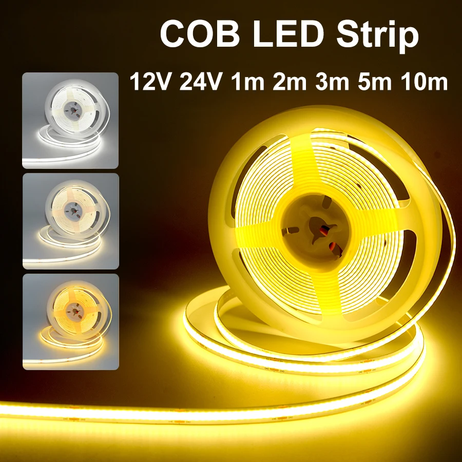 

COB LED Strip Lights 12V 24V 10M 5M 3M 2M 1M 252LEDs/M High Density Flexible LED Tape 2700K 4500K 6000K Kitchen Room Decor 8mm