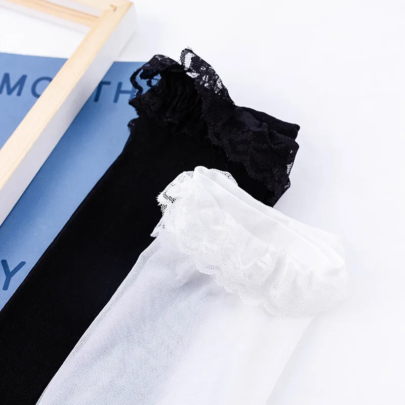 Women's Stockings Ultra-thin Transparent Sheer Knee High Socks Nylon Floral Lace Trim Calf Socks JK Style Mesh Knee High Sock