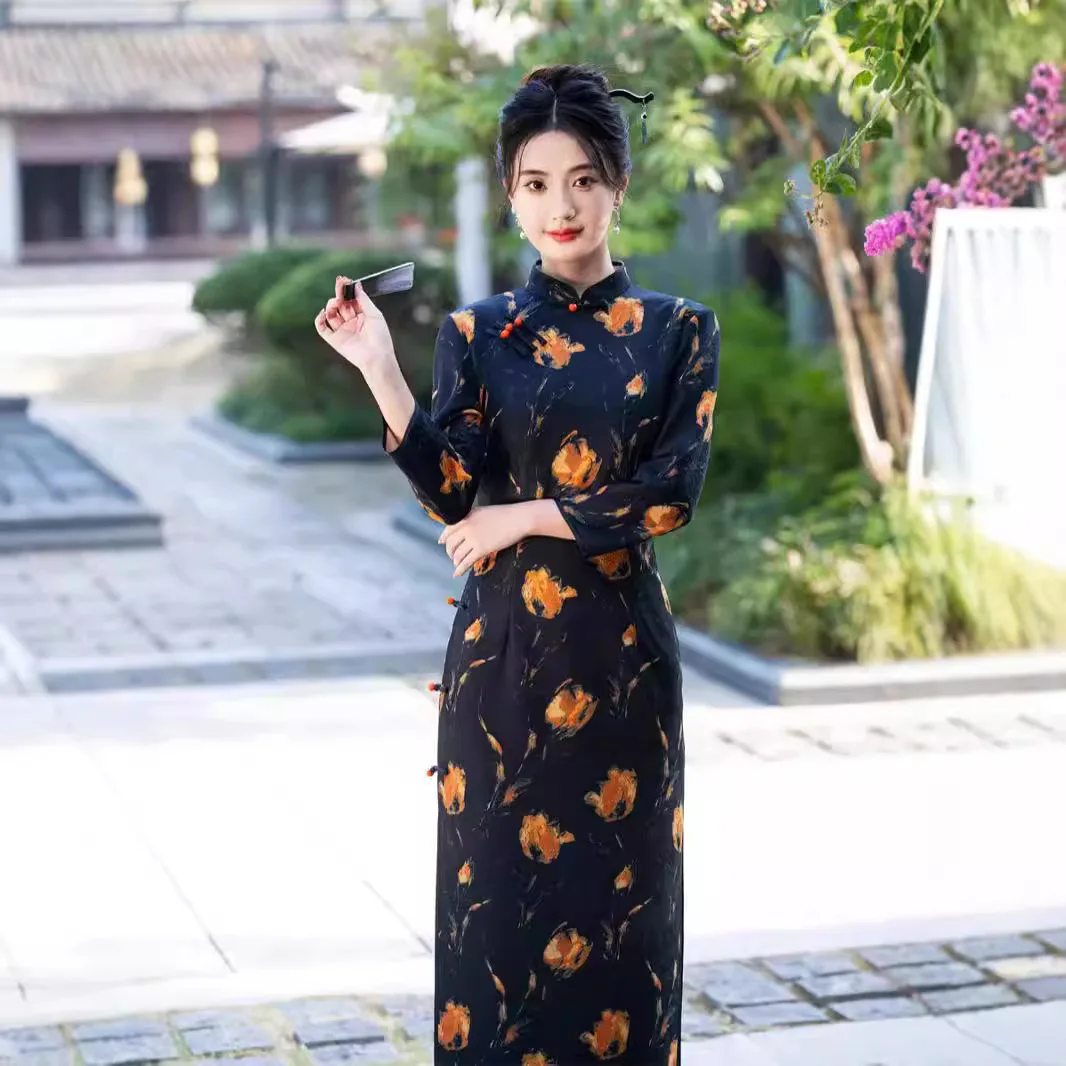 Plus rozmiar 3XL Qipao eleganckie kobiety Cheongsam Vintage sukienka w stylu chińskim seksowny nadruk długie rękawy Vestidos sukienki na co dzień