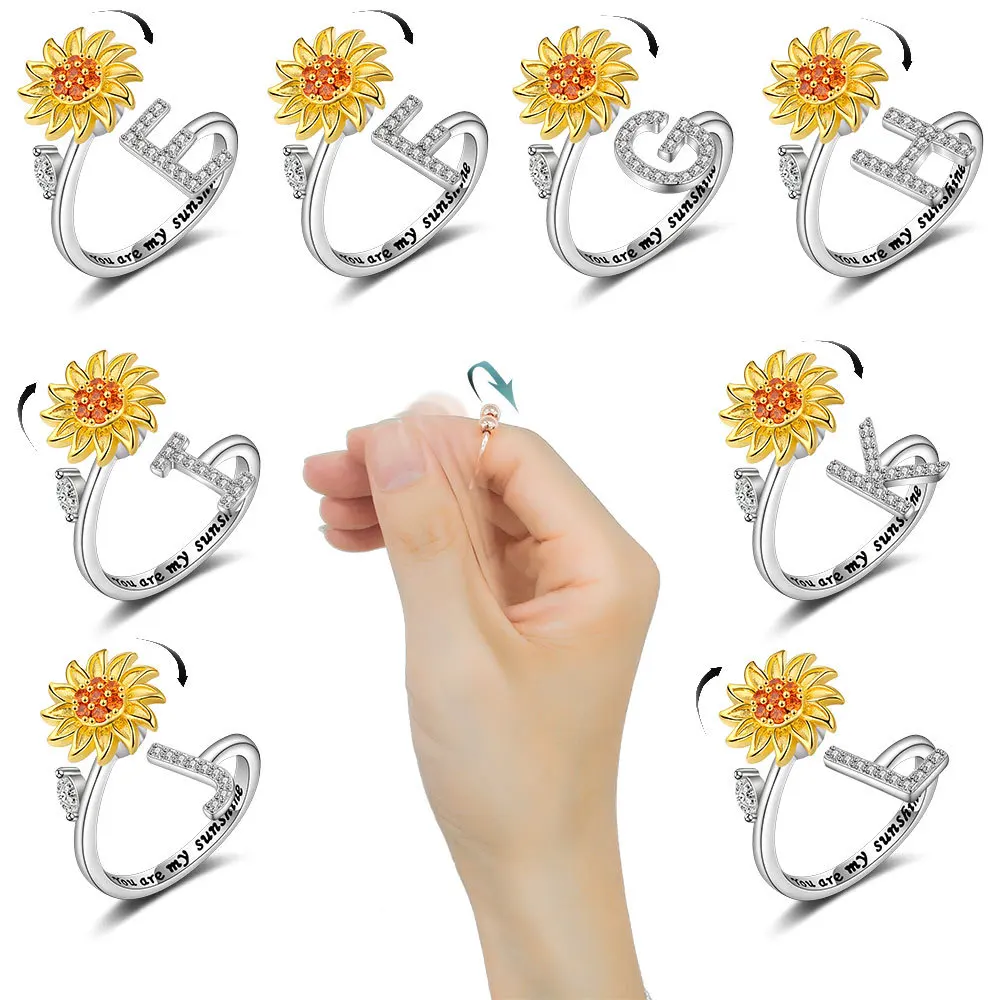 

Anxiety Ring 26 Letter Sunflower Spinning Rings for Women Silver Plated A-Z Letter Anti Stress Fidget Spinner Open Ring Jewelry