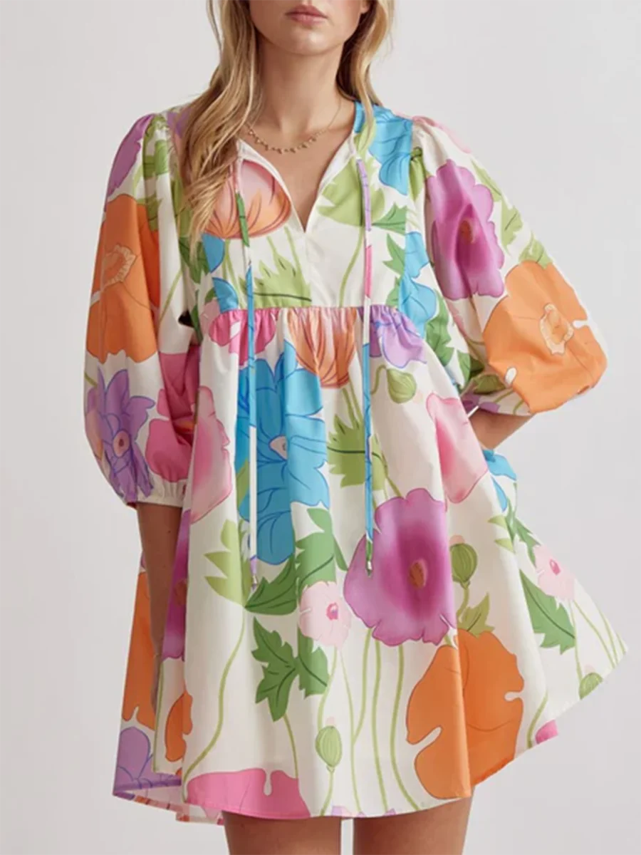 Мини-платье Babydoll женское с пышными рукавами цветочный сарафан в стиле бохо