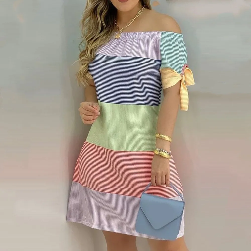 

Women Summer Off shoulder Dress Mini Sexy Short Sleeve Bow Tie Dresses Striped Plaid Floral Print A Line Party Short Vestidos