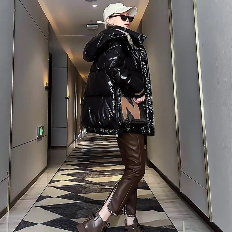 Glossy Bomber Winter Jacket Women 2022 Korean Fashion Tops Knitting Big Pocket Down Padded Hooded Cotton Coats Famale Clothing