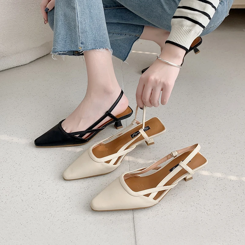 

All-Match Med Sandals Stiletto Heels Shoes Closed Toe Shallow Mouth 2022 Women's Suit Female Beige Medium Pointed High New Black