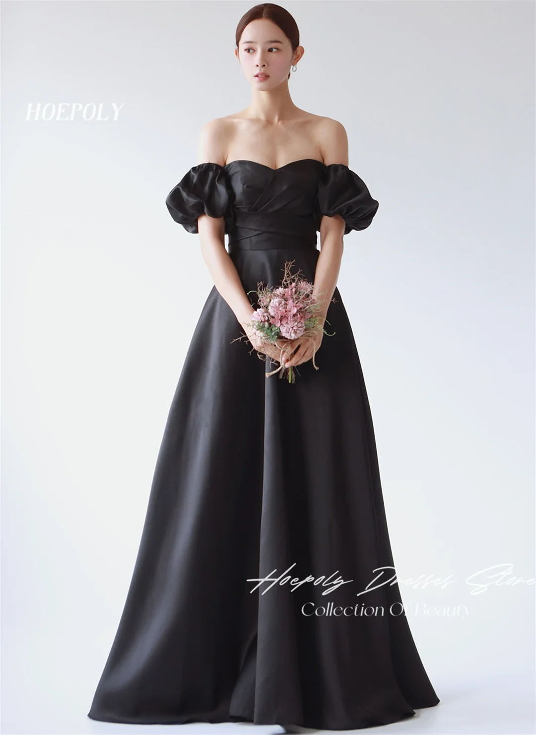 

Hoepoly Simple Off Shoulder Formal Occasion Evening Dress Black Satin Floor Length Prom Gowns Evening Dresses for Special Events