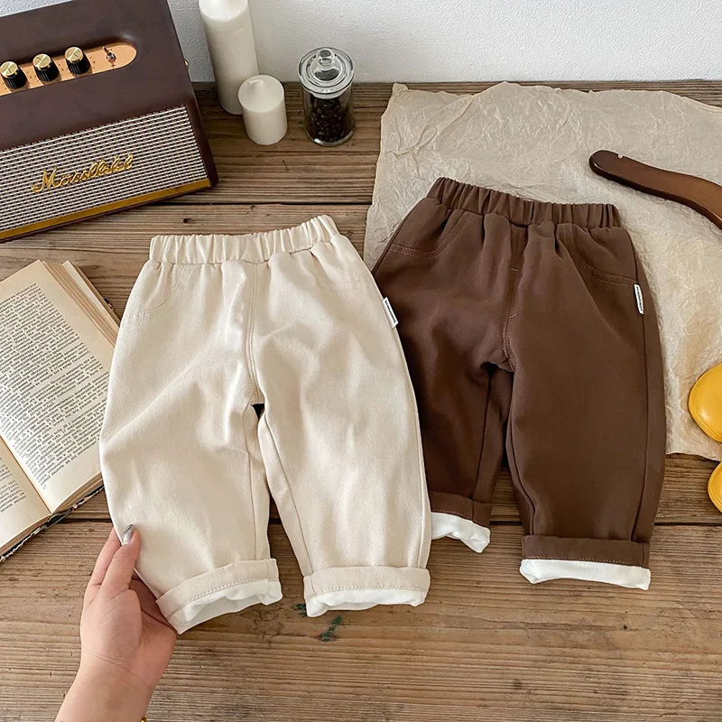 

Зимние детские брюки, однотонные повседневные брюки для девочек с меховой подкладкой, брюки для мальчиков, теплый плюшевый наряд, повседневные брюки