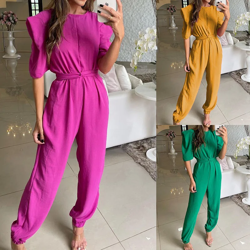 2023 Spring New Female Casual Pants Fashion Waist Thin Round Neck Temperament Small Foot Jumpsuit