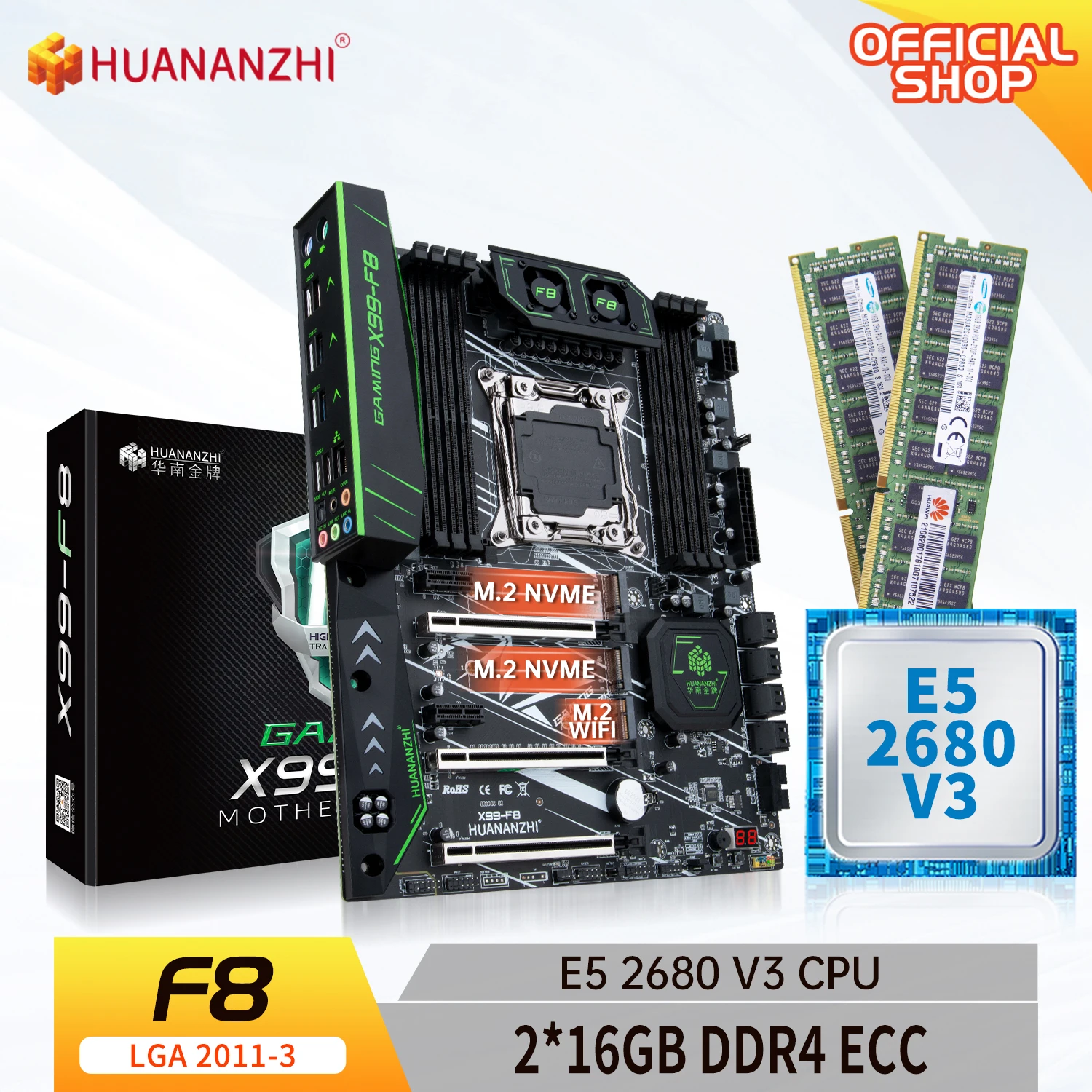 HUANANZHI X99 F8 X99 Motherboard with Intel XEON E5 2680 V3 with 2*16G DDR4 RECC memory combo kit set NVME SATA 3.0 USB 3.0 ATX