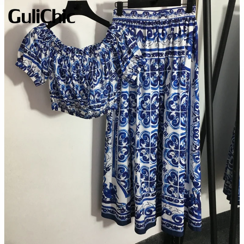 

Женский винтажный комплект GuliChic 8,22 года, эластичная блузка с вырезом лодочкой и коротким рукавом и свободная юбка со складками и высокой талией
