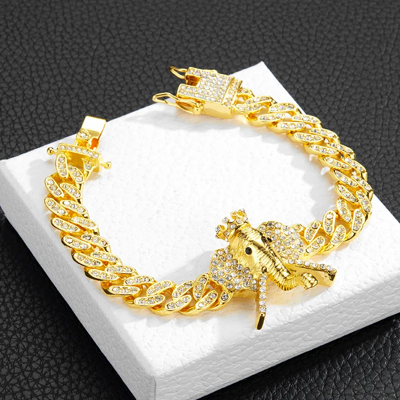 

Luxury Hip Hop Full Diamond Elephant Cuban Chain Bracelet Anklet Fashion Miami Rock Rapper Unisex Peace Animal Bracelet