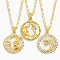 micro pave cubic zirconia crescent moon star pendant necklace round shell fairy wings angel short chain gold plated jewelry gift