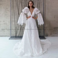 exquisitea line wedding dresses v neck draped puff sleeve lace applique open back 2022 summer floor length gowns robe de ma
