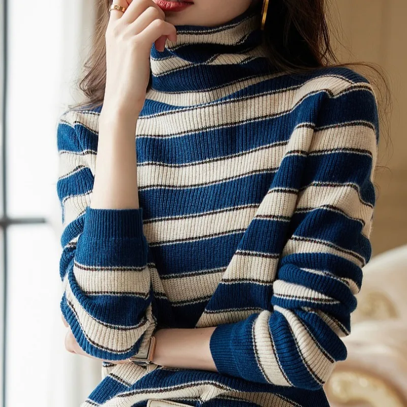 Водолазки пуловеры женский трикотаж свитер осень-зима вязаные пальто в полоску