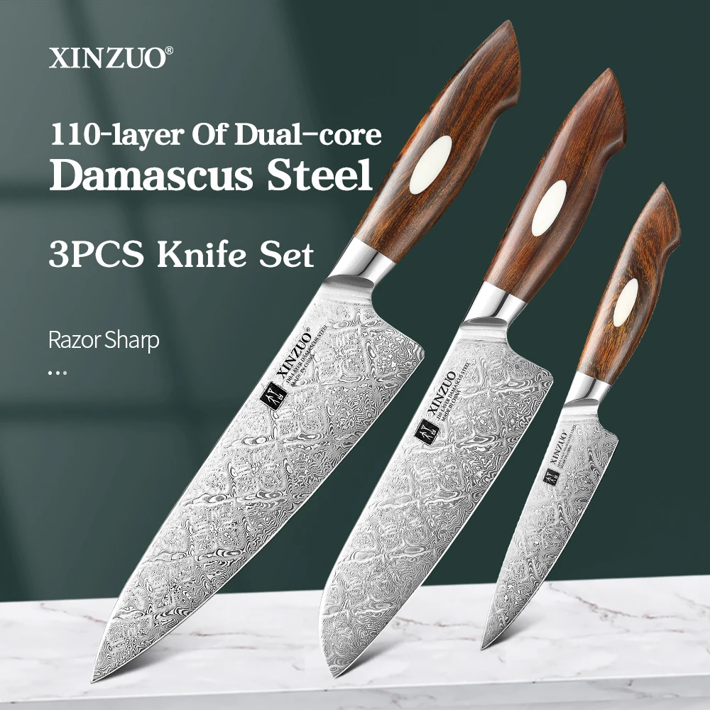 

XINZUO 3PCS Knife Set Damascus Steel Patterned Blade 60±2HRC 5" Utility 7"Santoku 8.5"Chef Multi-purpose Kitchen Knife Gift Box