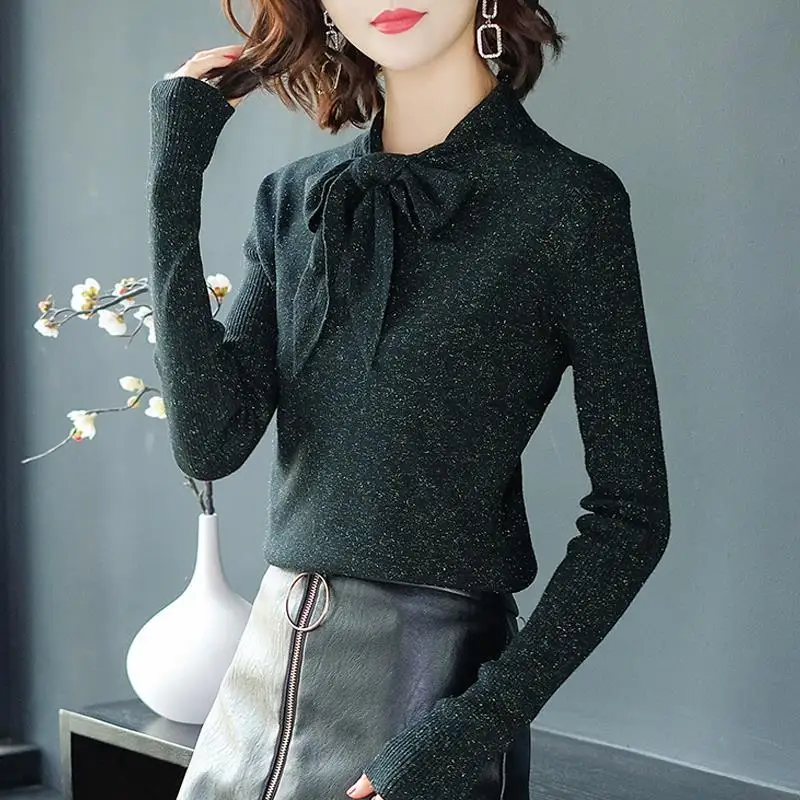 

Sweet Spliced Bright Silk Lace Up Bow Blouse Women's Clothing 2023 Spring New Loose Casual Pullovers Office Lady Shirt