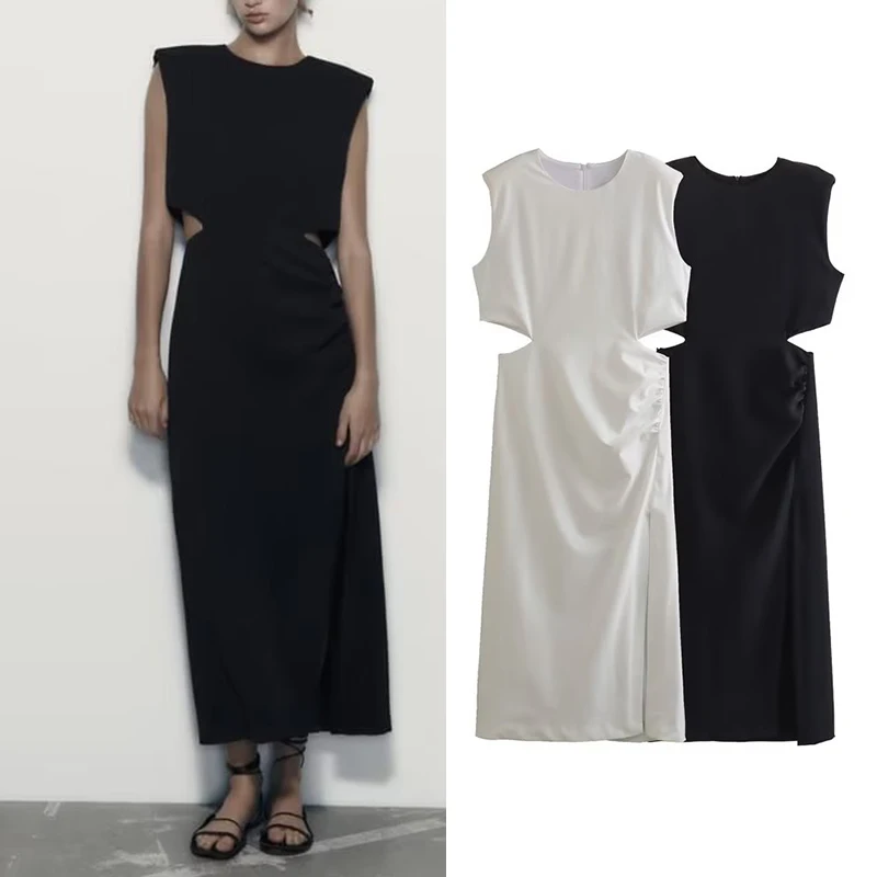 

Cut Out Black Dress Woman Ruched Summer Long Dresses For Women 2023 Sleeveless Midi Party Dresses Elegant Evening Dress