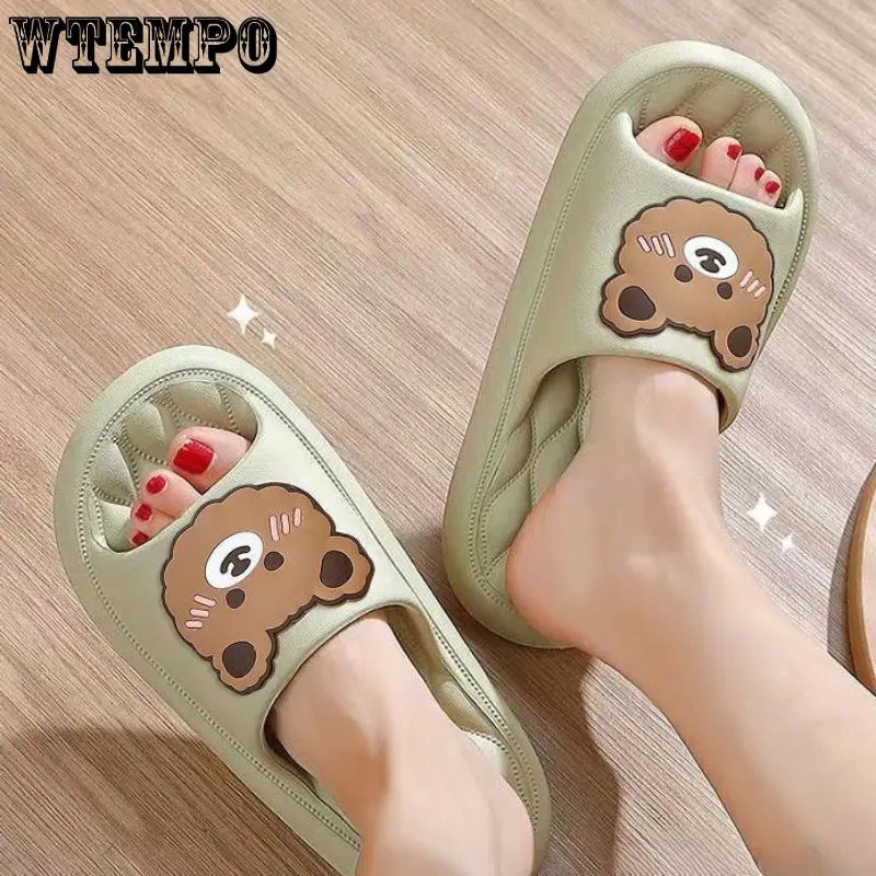 WTEMPO Solid Bear Slippers Cartoon Graffiti Shoes Women Summer Flip-Flops Beach Sandals Thick Platform Soft Casual Home Slippers