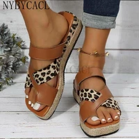 womens slippers woman leopard hemp bottom ladies flat platform shoes summer casual pu buckle strap sandal female new plus 42 43