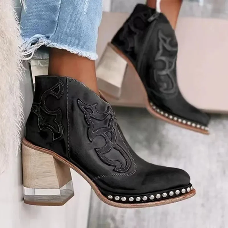 

2023 New Women's Boots Embroidery Retro High Heel Fashion Boots 35-43 Plus Size Fashion Thick Sole Ankle Boots Botas Femininas