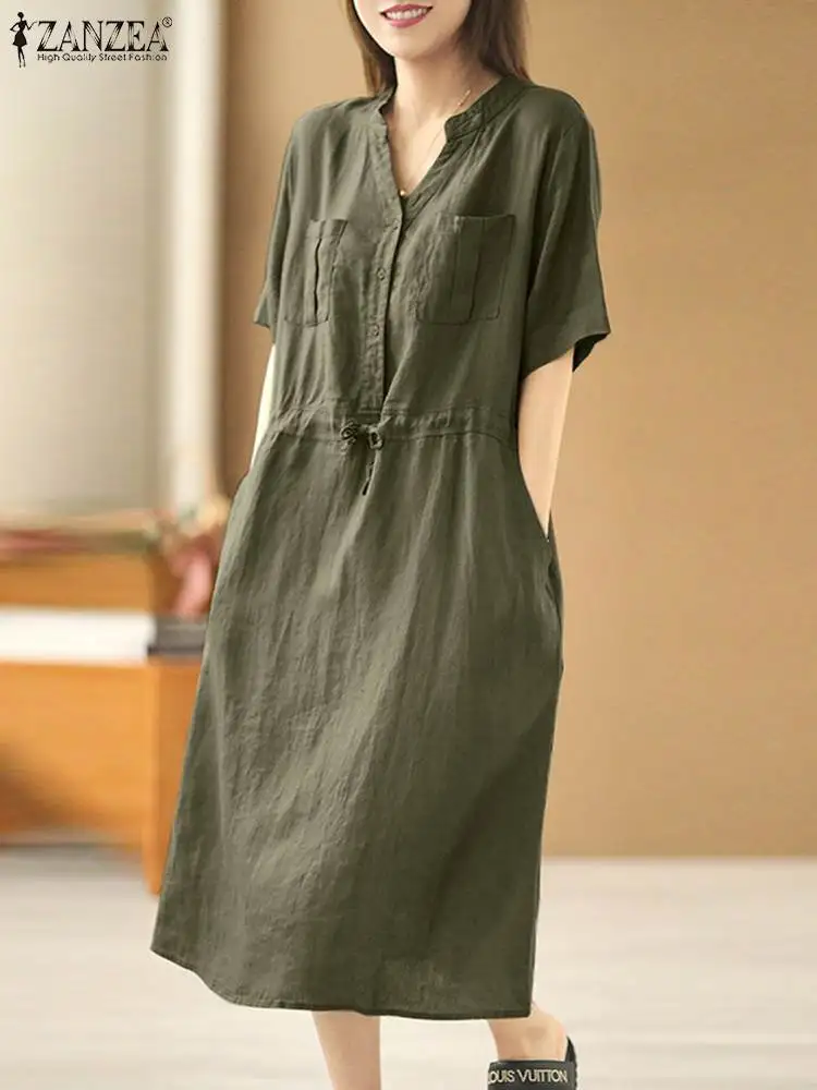 

Модель 2022 года, винтажное свободное рабочее платье ZANZEA, женское летнее элегантное платье с коротким рукавом и V-образным вырезом, однотонные...