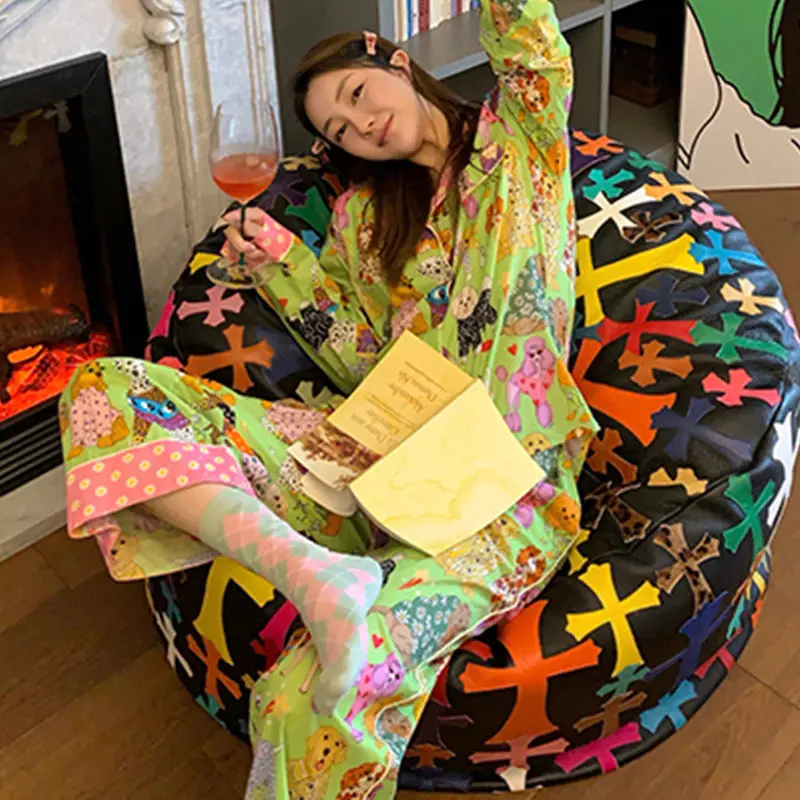 QWEEK Pajamas for Women Spring Autumn Sleepwear Loungewear Cute Cartoon Pet Dog Pijamas Pyjamas Two Piece Sets Home Clothes