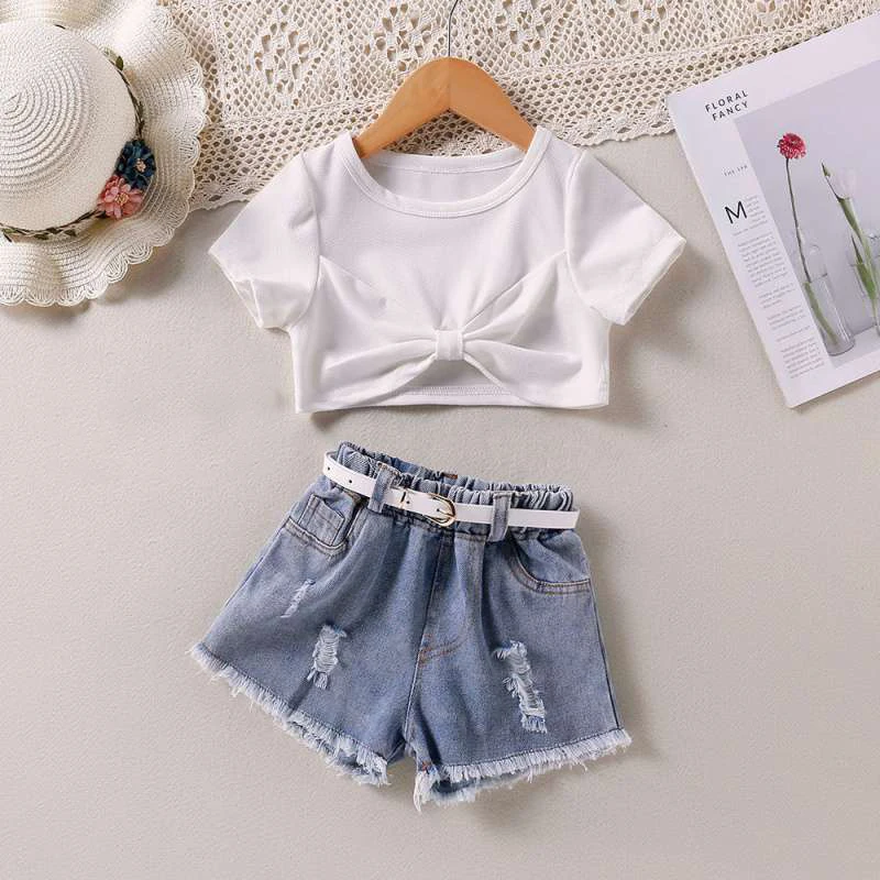 

Girls Suit 2022 Spring/Summer Children's Clothing Short Personality Bow Solid Color T-Shirt + Denim Shorts Set Without Belt