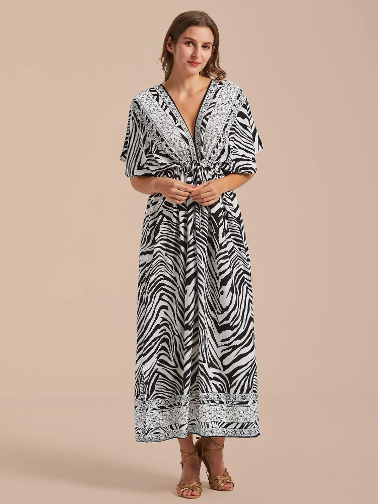 

Zebra Beach Dresses V Neck Swimsuit Cover Up Kaftans Elegant Holiday Tunic Plus Size Dresses Dropshipping Factory Supply