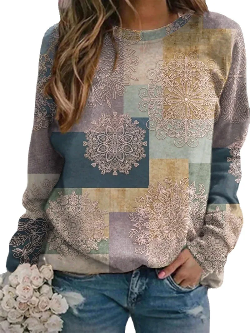 Autumn 2022 Fashion Plaid Patchwork Pullovers Tops Women Vintage Flower Print Sweatshirts Winter Female Casual Loose T-Shirts