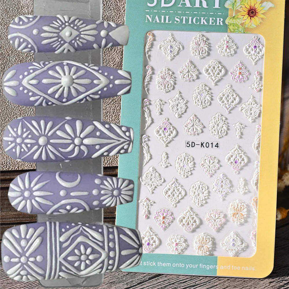 1 шт. 5D богемная вышивка Бохо наклейки для ногтей летние белые акриловые цветы