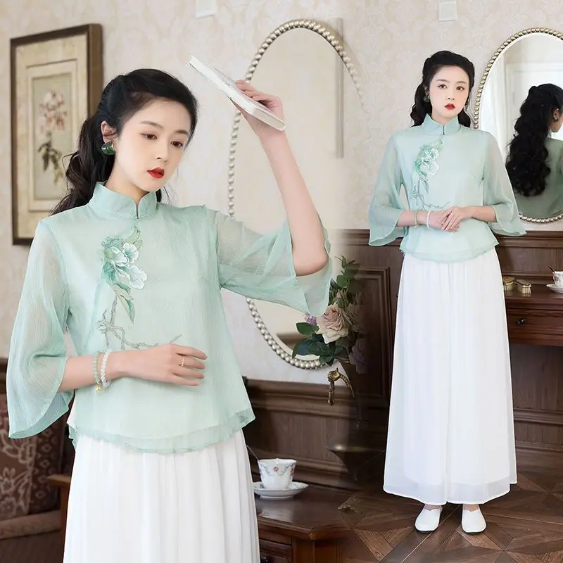 

2023 new chinese ethnic style zen flower printed short shirt loose casual style for women chinese retro style blouse top g406