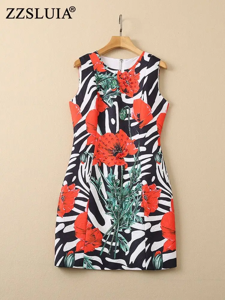 

ZZSLUIA Vintage Dresses For Women Printed Beading Designer Slim Tank Dress Fashion O Neck Summer Jacquard Dress Female Clothing