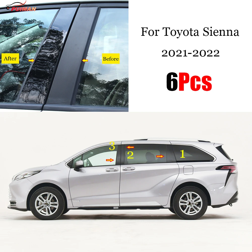 

6 шт. полированные столбики для Toyota Sienna 2021 2022, крышка оконной отделки, BC столбик, стикеры, аксессуары