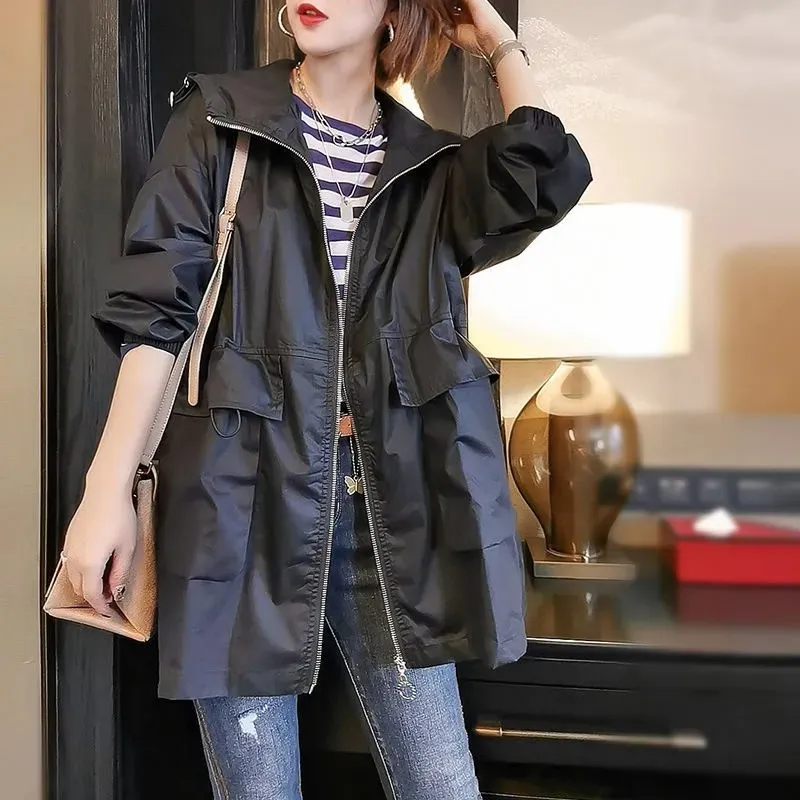 

Windbreaker Women's Mid Length 2022 Spring Autumn New Thin Hooded Korean version Loose Casual Tooling Hooded Jacket Female Tops