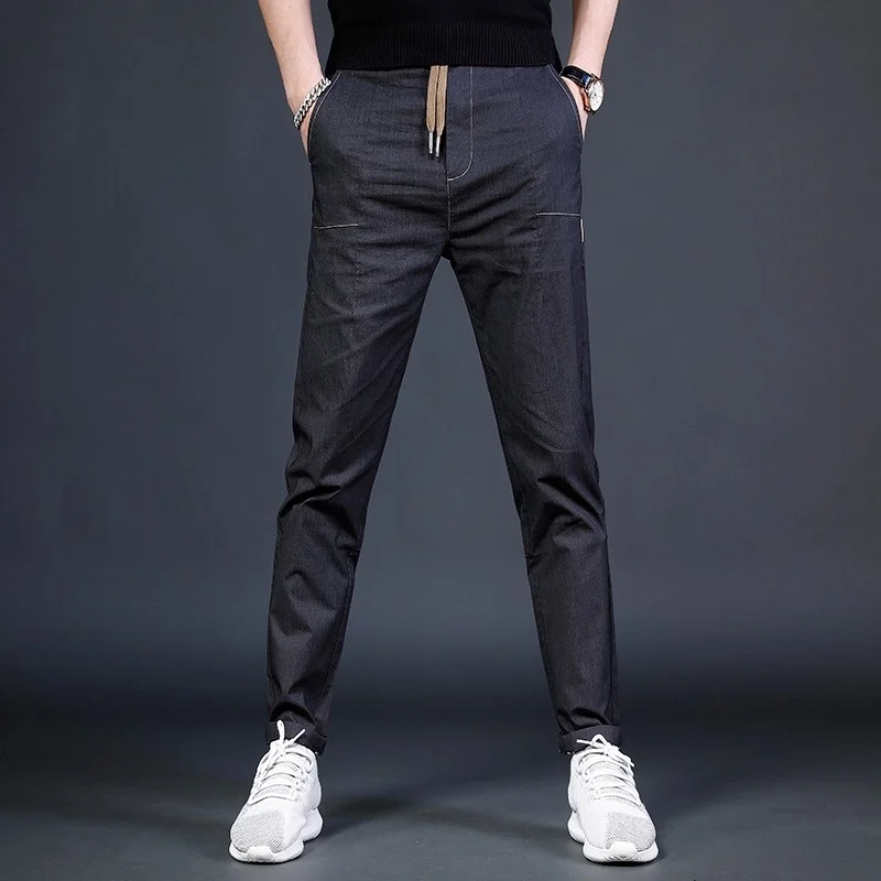 New Summer Black Casual Pants Men Streetwear Korean Style Thin Slim Fit Drawstring Joggers Trousers