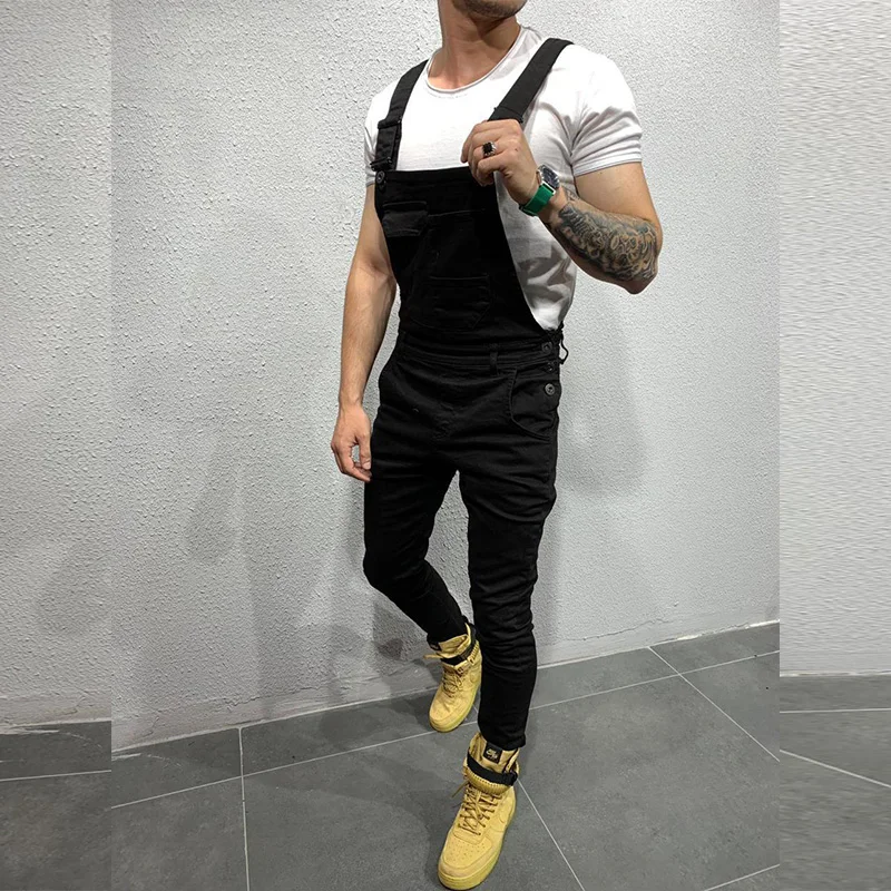 New Denim Bibs Slim Men's Jeans Jumpsuits Trousers Solid Color Male Overalls Full Length Skinny Pants Mameluco Hombre Trabajo