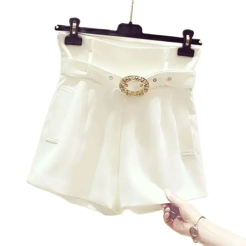 

2022Summer Korean Version of Diamond-encrusted Belt Shorts Women Are Thin And Fashionable Wide-leg Pants All-match Casual Pants