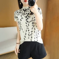 new womens t shirts summer short sleeves thin cotton knit top female floral print sweater classic blue and white woman t shirts